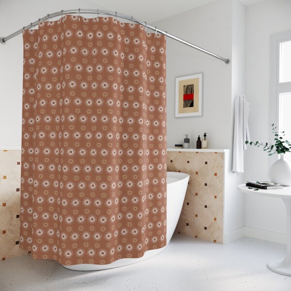 Bohemian Mystic Suns Shower Curtain - Transcendental Earth Tones of Cream & Deep Chestnut - Celestial Design Polyester Shower Curtain