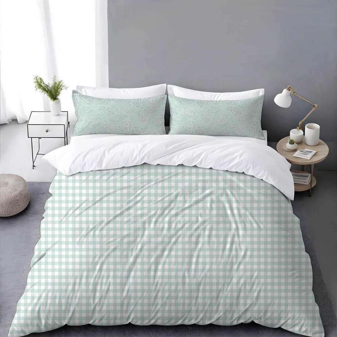 Sea Glass Gingham Check Duvet Cover Classic Pale Green & Etsy
