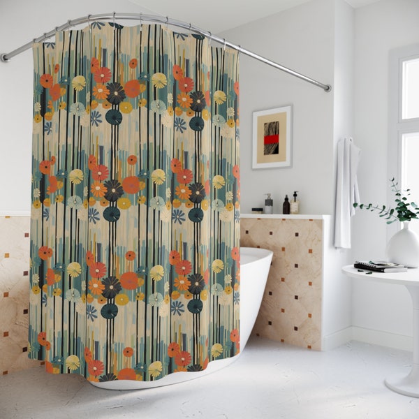 Mid-Century Florals Shower Curtain - Vintage Botanical Inspired Green, Orange, Khaki - Mid-Century Modern  Design Polyester Shower Curtain