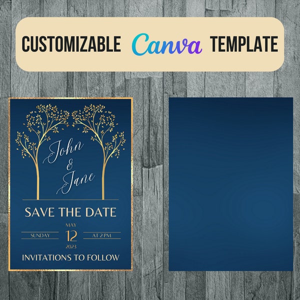 Save the Date Template Gold and Blue with Trees Invitation, Customizable on Canva, 5in by 7in, Classy Minimalist Design; Templates By Ry