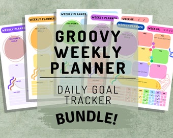 Groovy Weekly Planner with Daily Goal Tracker for Fitness, Work, Wellness, and More; BUNDLE; 8.5in x 11in; Digital Download; Templates By Ry