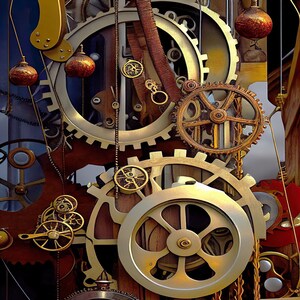May include: A close-up of a complex clockwork mechanism with intricate gears, chains, and metal parts. The gears are made of brass and have a gold finish. The chains are made of metal and have a brown finish. The metal parts are made of brass and have a gold finish.