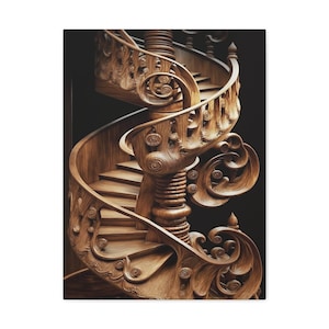 CANVAS PRINT - Wooden Staircase circular, winding, decorative, carved