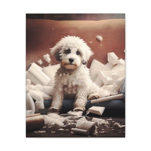 CANVASPRINT - O, stoute poedel, verscheurende bank