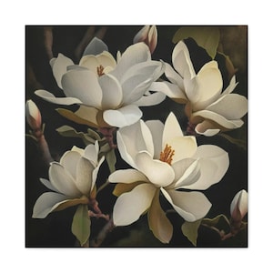 CANVAS PRINT - White Magnolia Beauties, blossoms, creamy petals, green leaves