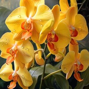 May include: A cluster of yellow orchids with orange centers, blooming on a green stem. The flowers have water droplets on their petals.