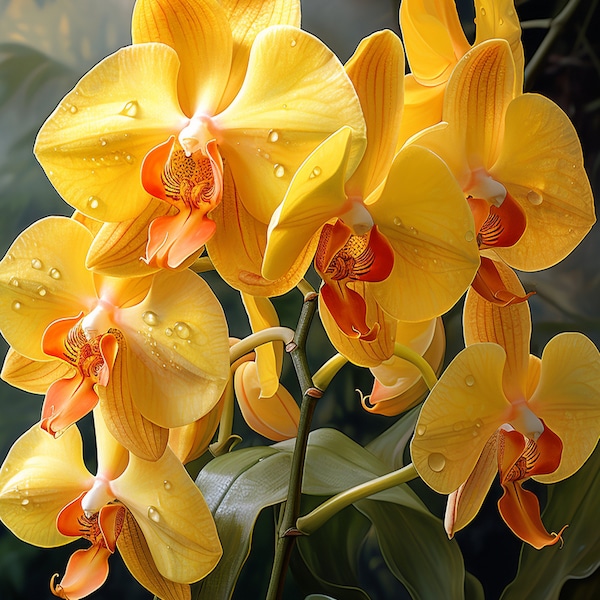 Yellow Orchid Splendor, orange petals, dew drops