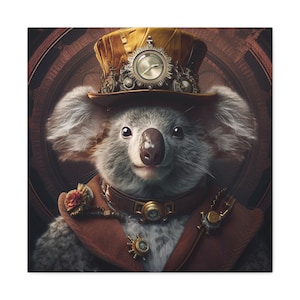 May include: A koala wearing a brown and gold steampunk-style hat with gears and a clock face. The koala is wearing a brown jacket with gold accents and a gold collar with a clock face. The koala is looking directly at the viewer.