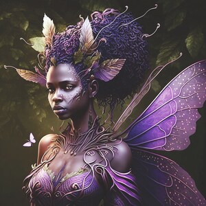 May include: A dark-skinned fairy with purple wings and a crown of leaves and flowers. She has a dark purple afro and is wearing a purple and green bodice with intricate details.