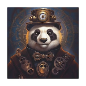 May include: A steampunk-themed artwork featuring a panda bear wearing a brown coat adorned with gears and a brass top hat with a clock face. The background is a blue gradient with a clock design.