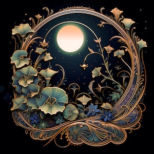 DIGITAL DOWNLOAD - Art Deco Moon, Stars, Blue Flowers - Etsy