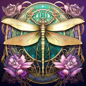 DIGITAL DOWNLOAD -  Art Deco Dragonfly, gold wings, aqua, lavender