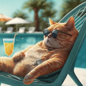 May include: An orange tabby cat wearing sunglasses relaxes in a teal lounge chair by a pool. The cat has a watch on its wrist and a drink with a straw is next to it. Palm trees and a sunny sky are in the background.