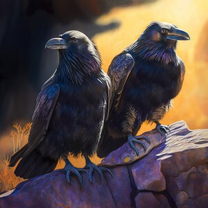 Puede incluir: Dos cuervos negros posados en un afloramiento rocoso, con una puesta de sol dorada en el fondo. Los cuervos tienen plumas oscuras y picos afilados.