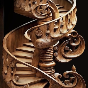 Wooden Staircase circular, winding, decorative, carved