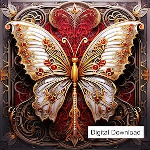 DIGITAL DOWNLOAD -  Art Deco Butterfly, Silver and Gold, Ruby red