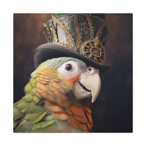 May include: A green, gold, and black top hat with intricate details sits on the head of a parrot with green, orange, and white feathers.