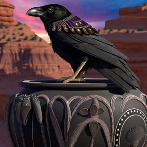 以下が含まれることがあります： 複雑なデザインが施された黒い陶器の壺の上に、宝石の首輪をした黒いカラスが座っている。壺は口が広く、丸みを帯びた底をしている。カラスの目は暗く鋭く、羽根は滑らかで光沢がある。