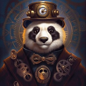 May include: A panda wearing a steampunk-style hat with gears and a clock face. The panda is wearing a brown jacket with a bow tie made of gears. The background is a blue and white clock face.