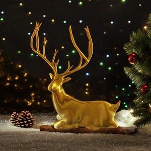 Descansando deitado veado de Natal com chifres lindos - Decoração de Natal elegante para casa, mesa de escritório - Presente exclusivo de estatueta de rena de Natal