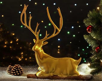 Resting Laying Christmas Deer with Beautiful Antlers Horn –Elegant Holiday Decor for Home, Office Table – Unique Xmas Reindeer Figurine Gift
