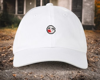 8-Bit Ghost Hat – Pixel Embroidered White Dad Cap | Retro Gaming Boo Hat | Cute Gamer Ghost Cap | Kawaii Y2K Aesthetic | Halloween Gift Idea