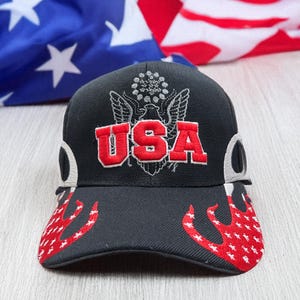 USA Baseball Cap – Patriotic American USA Hat | Embroidered USA Velcro Back | 4th of July Hat for Men | Red White Blue Flame Cap
