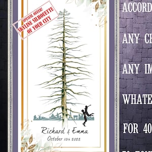 Wedding GUEST BOOK Alternative PINE Tree with city skyline silhouette with Couple Silhouette Guest Book Signature Unique Guest Book Ideas