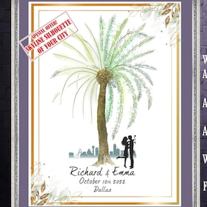Wedding GUEST BOOK Alternative PINE Tree with city skyline silhouette with Couple Silhouette Guest Book Signature Unique Guest Book Ideas