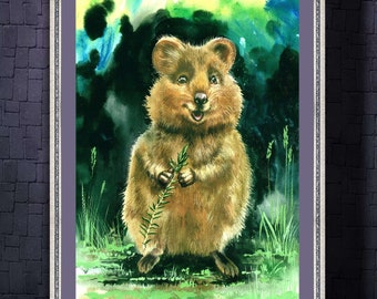 Lámina artística de acuarela de quokka, decoración infantil con motivos de fauna silvestre.