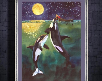 Orca and Girl Watercolor Painting, Ocean Nursery Art Print