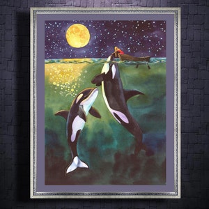 Orca Whale Painting Watercolor Painting Whale Painting Orca and Girl Killer Whale Nursery Whale Print titled Poseidon's Touch Whale Art Orca