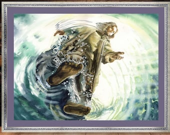 May include: A watercolour painting of a person walking on water. The person is wearing a long robe and has their arms outstretched. The water is a light blue colour and there are ripples around the person.