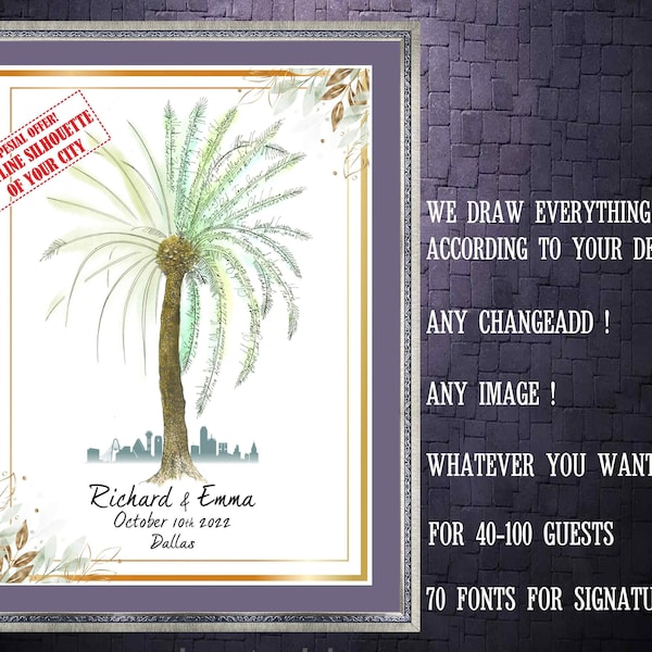 Wedding GUEST BOOK Alternative Tree Palm with City Skyline Silhouette Guest Book Signature Palm Guest Book Wedding Unique Guest Book Ideas