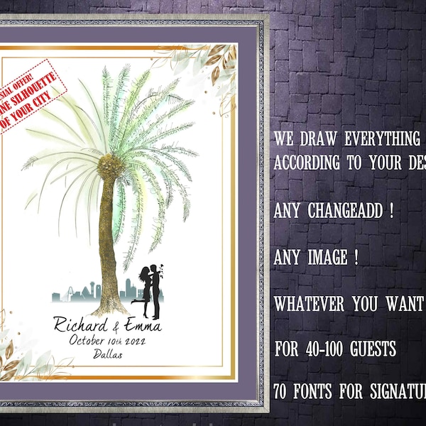 Wedding GUEST BOOK Alternative PINE Tree with city skyline silhouette with Couple Silhouette Guest Book Signature Unique Guest Book Ideas