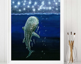 ジンベイザメの水彩画：海洋アート、海の装飾（9 x 12インチ） - Etsy 日本
