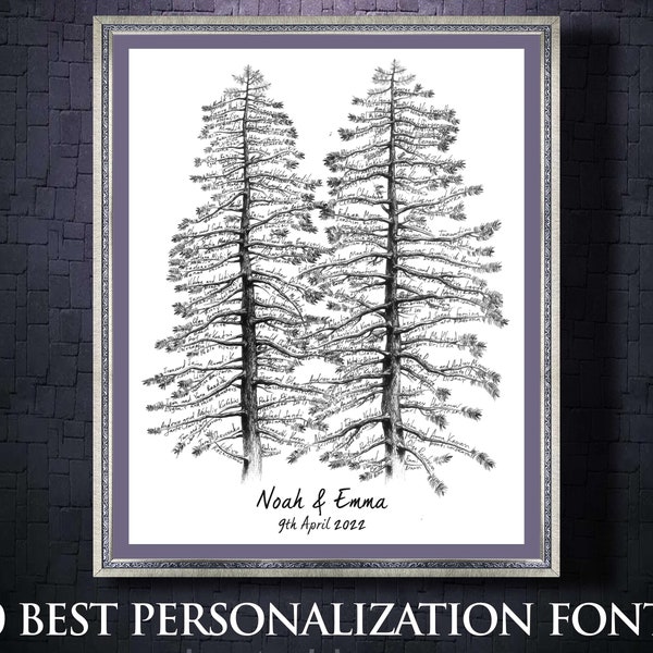 Wedding Guest Book alternative Tree Double Pine Two Pines Rustic guestbook Unique Wedding Signature Tree black white Unique Guest Book Idea