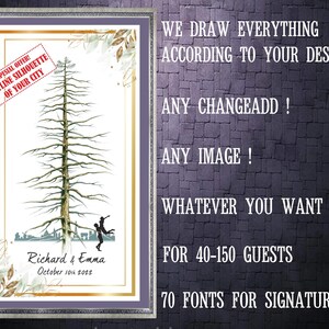 Wedding GUEST BOOK Alternative PINE Tree with city skyline silhouette with Couple Silhouette Guest Book Signature Unique Guest Book Ideas