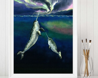 Watercolor Narwhal Whale Painting Narwhal Art Print Beach Decor Arctic whale print Ocean animals print Narwhal Watercolor Print Sea Animals