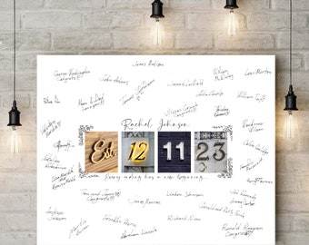 May include: A white canvas with black marker signatures of US presidents. The canvas has a collage of four photos with the text "Est" and the numbers "12", "11", and "23". The text "Every ending has a new beginning..." is written below the photos.