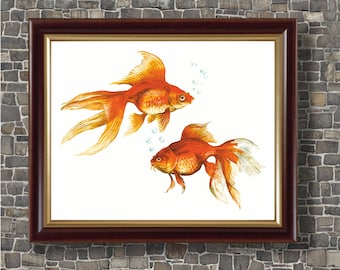 水彩画の魚のプリント - 「日本の金魚」と題された絵画、アジア