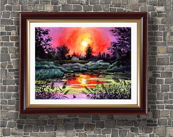 Ukrainian Landscape Watercolor Art Print, Sunset Over Lake