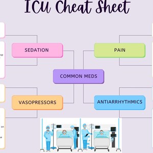 May include: A flowchart diagram with the title "ICU Cheat Sheet" showing common medications used in an intensive care unit. The diagram is divided into four categories: Sedation, Pain, Vasopressors, and Antiarrhythmics. The diagram also includes an illustration of a hospital room with a patient in a bed and two nurses.