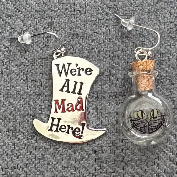 We’re All Mad Here Earrings, Mad Hatter, Cheshire Cat, Alice in Wonderland, Disney