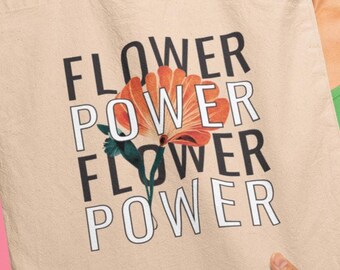 Flower Power Tote Bag, Organic Cotton Floral Market Bag for Plant Lovers