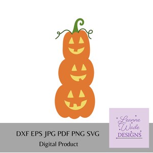 May include: A stack of three orange jack-o'-lantern pumpkins with carved faces. The pumpkins are stacked on top of each other, with the largest pumpkin at the bottom and the smallest pumpkin at the top. The pumpkins have green stems and yellow faces with black eyes, noses, and mouths.