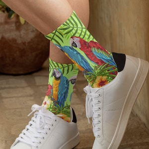 Socks, Cushioned Crew Socks, Parrot Socks, Bird Socks, Rain Forrest Socks, Nature Socks, Sock Lover Gift, Unique Socks, 360 Print Socks