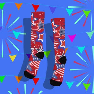 Socks, Cushioned Crew Socks, Star Socks, 4th of July Socks, Flag Socks, American Socks, USA Socks, Firework Socks, 360 print socks