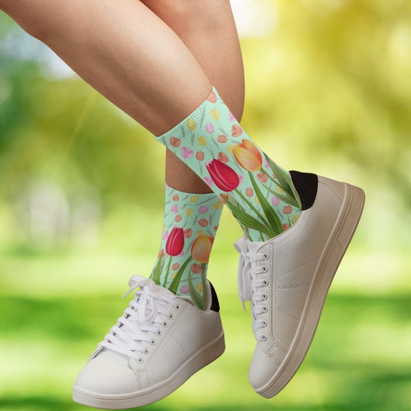 Socks, Cushioned Crew Socks, Spring Socks, Tulip Socks, Flower Socks, Nature Socks, Unique Socks, Sock Lover Gifts, 360 Printed Socks