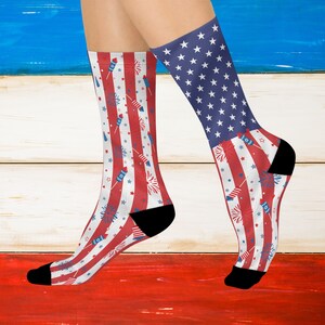Socks, Cushioned Crew Socks, 4th of July Socks, Flag Socks, American Socks, USA Socks, Firework Socks, Unique Socks, 360 print socks